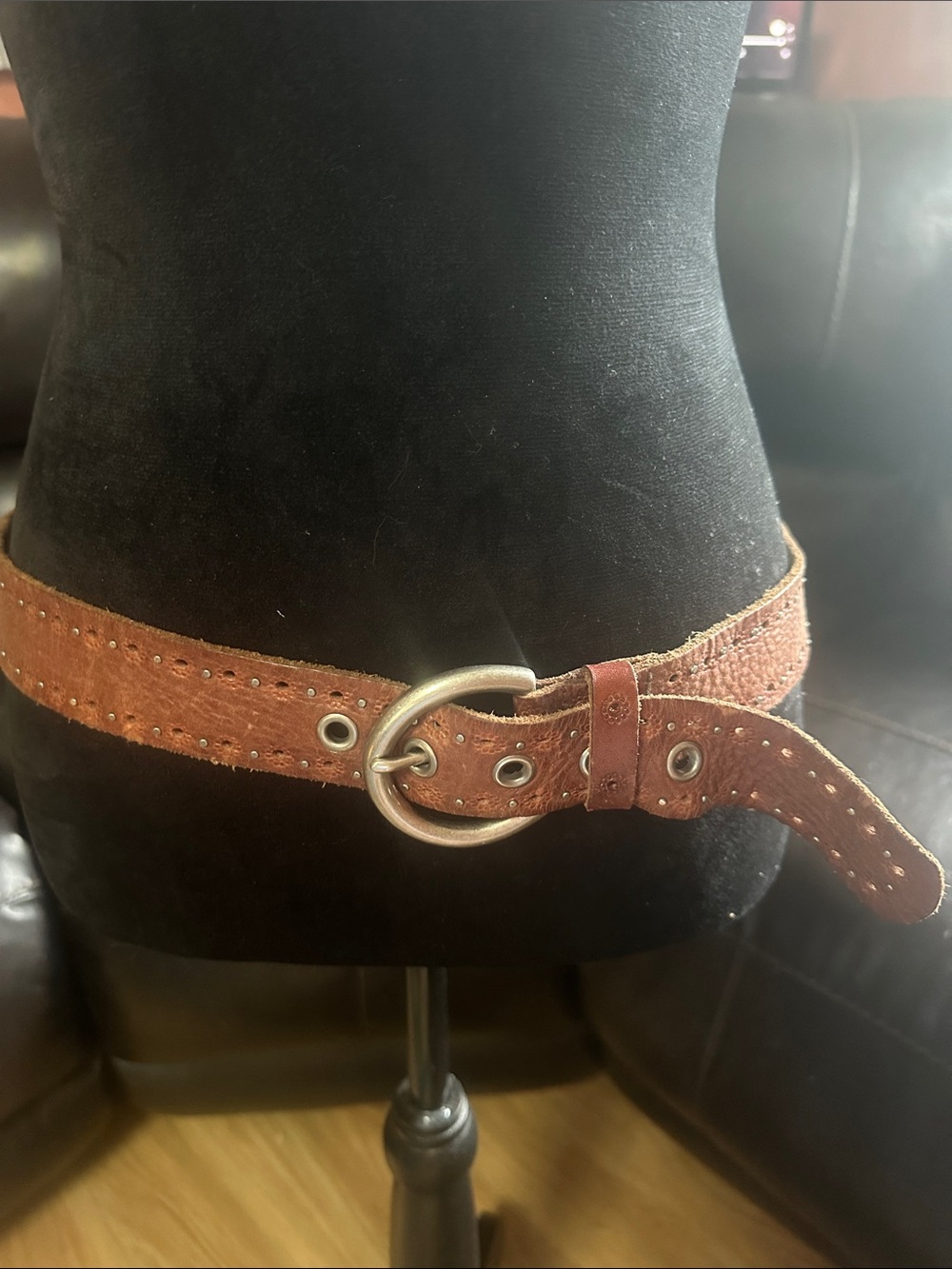 Fossil Brown Leather Studded Belt with Silver Ring Buckle